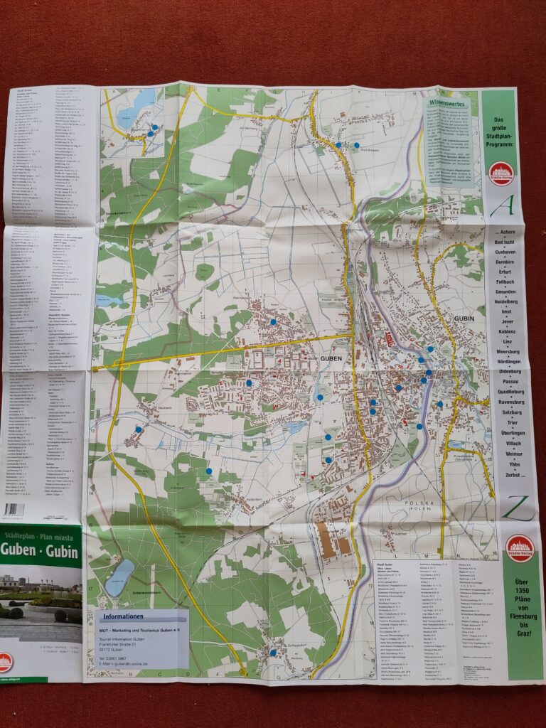 Mapa miasta Guben i Gubin z niebieskimi punktami. Punkty oznaczają ulubione miejsca uczestników.