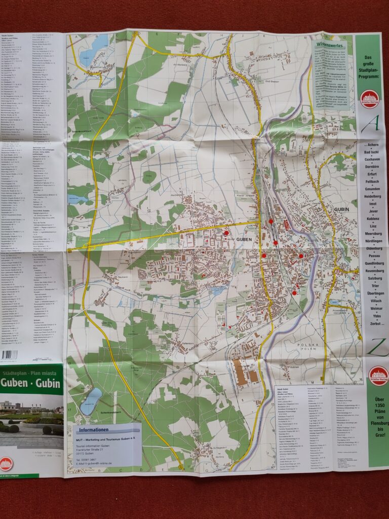 Stadtplan von Guben und Gubin mit roten Punkten. Die Punkte markieren Orte, die die Teilnehmenden als gefährlich wahrnehmen.